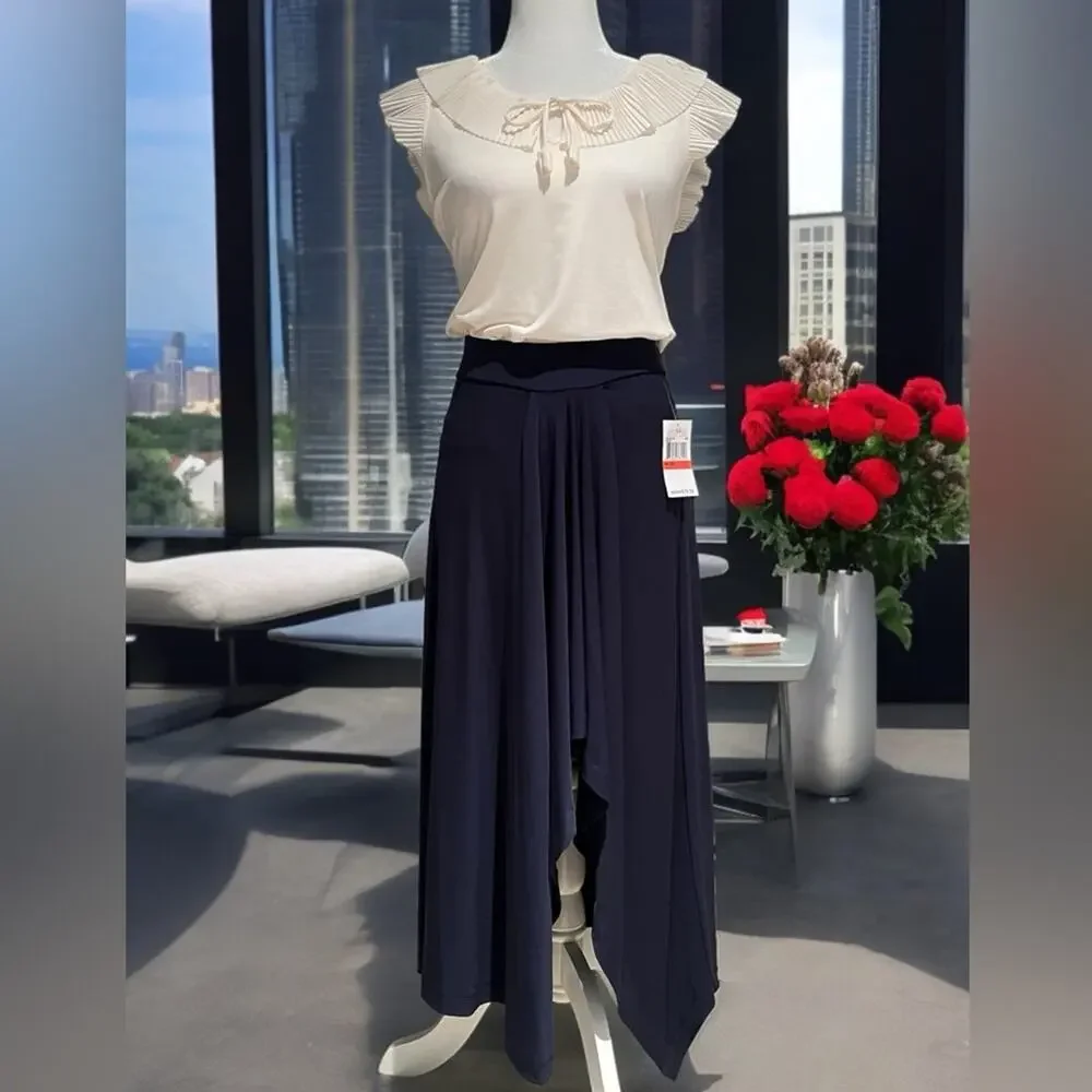 NEW Michael Kors Hi Low Asymmetrical Gathered Waterfall Jersey Skirt Navy XS NWT - Picture 13 of 16